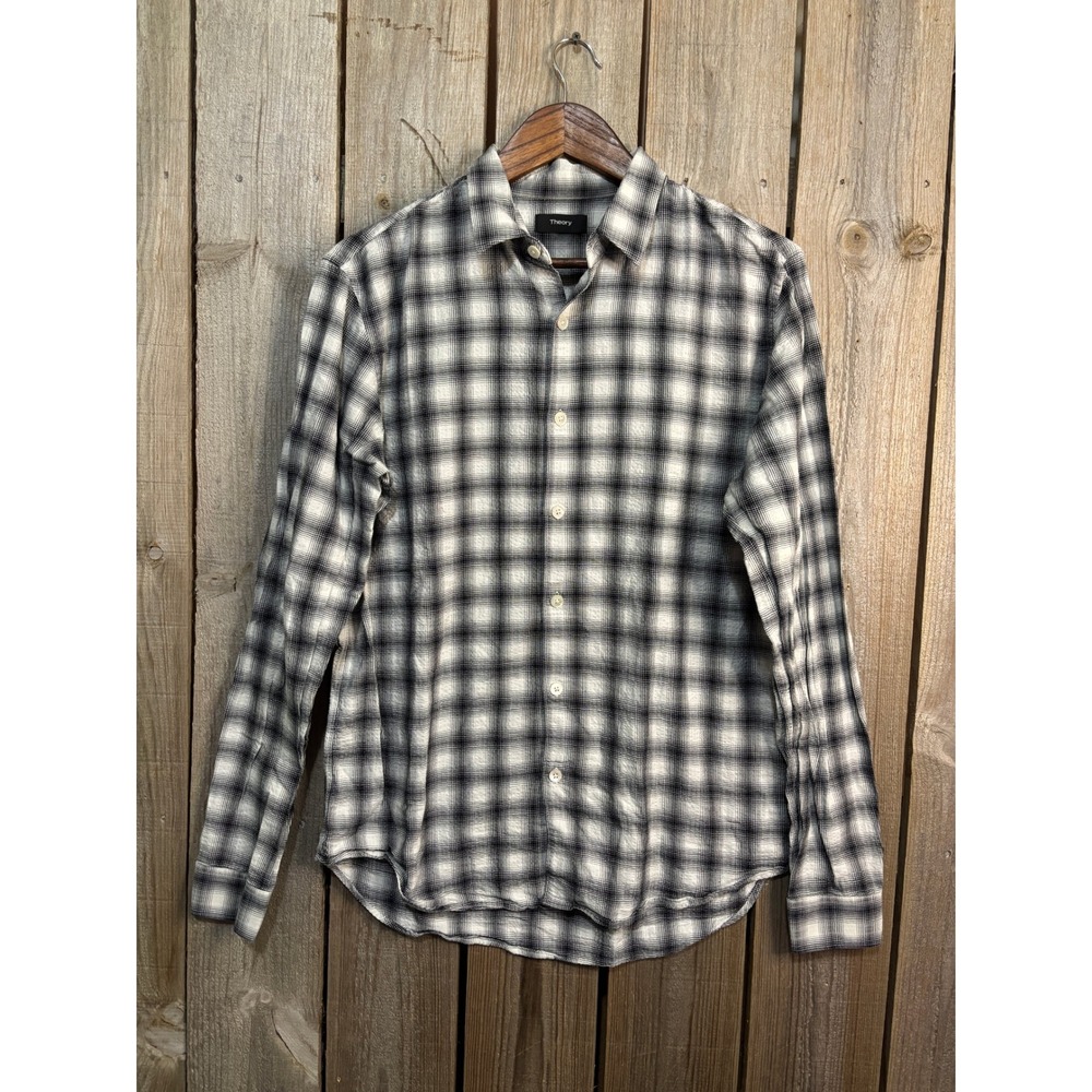 Theory Mens Rammy NP Herringbone Plaid Button Down Shirt Black White M